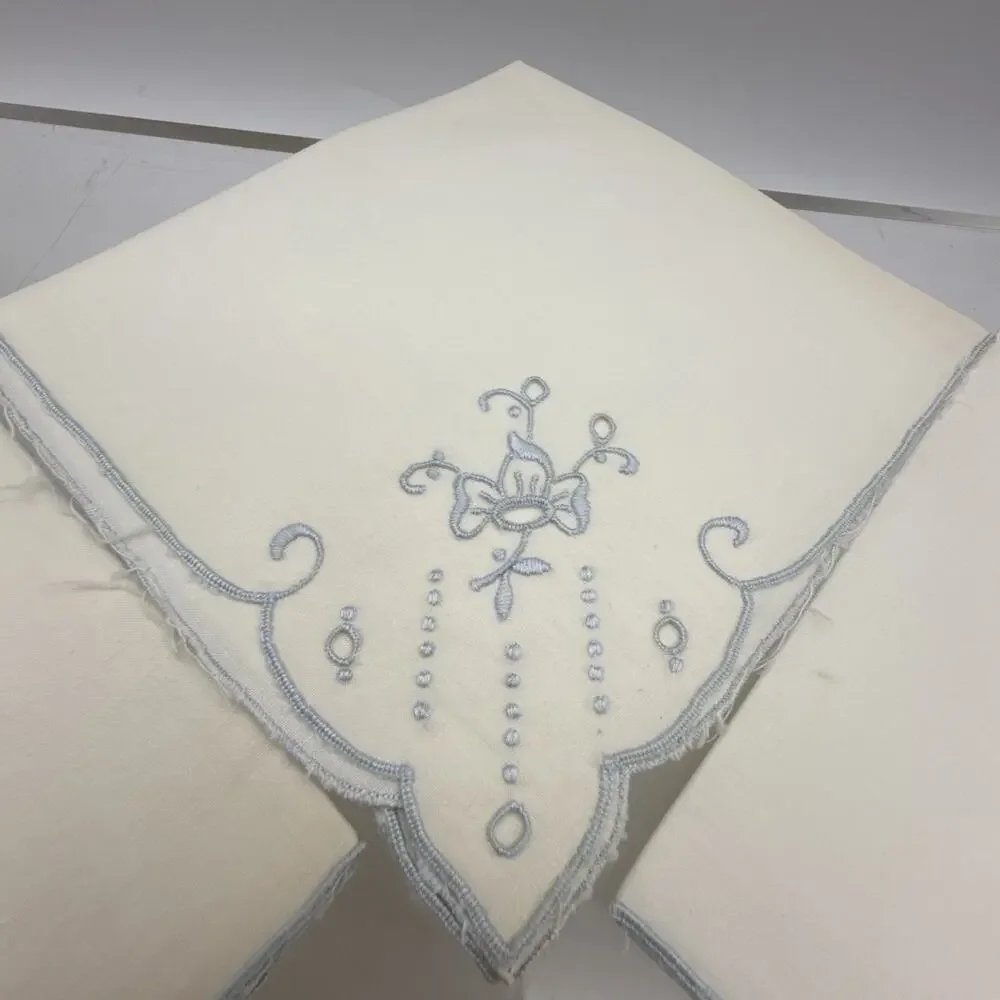 8 Vtg Linen Dinner Napkins Blue Embroidered Flower Cutout 10.5x10.5”scallop Edge